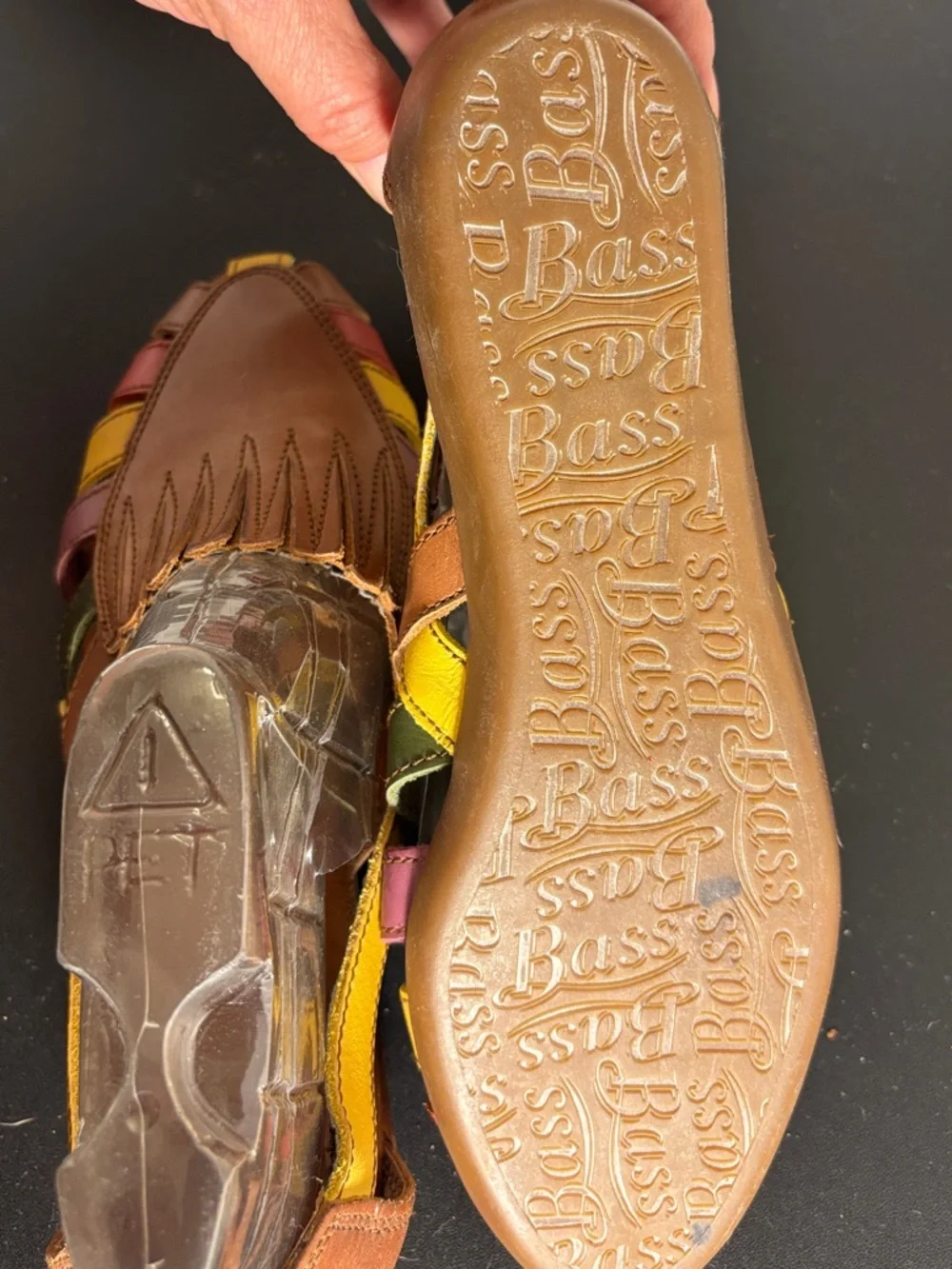 Boss Men's Brown Leather Sandals with Yellow, Red, Green, and Purple Straps